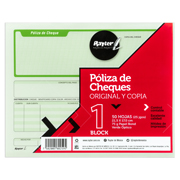 [RAY-POL-POCHTO] Póliza de cheque Rayter, media oficio, verde y bond blanco, block 25 juegos